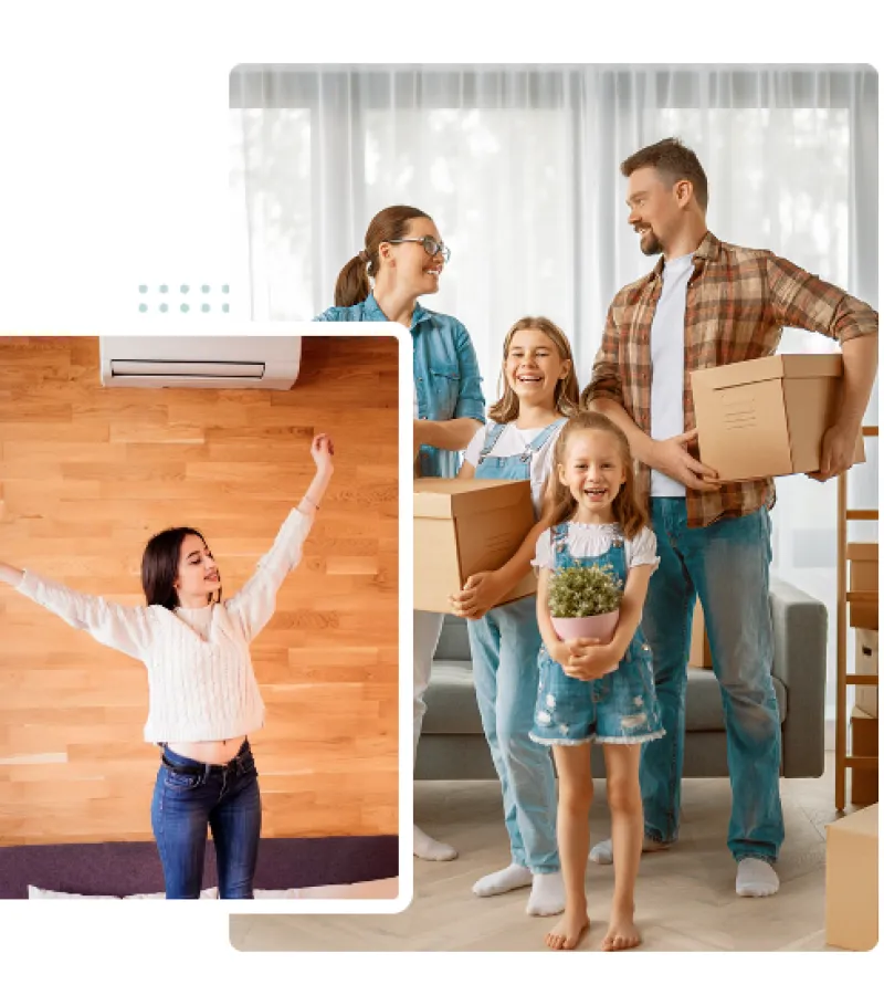 Red Málaga Instalaciones | Instalación de Aerotermia familia feliz con cajas en la mano y aire acondicionado Red Málaga Instalaciones | Instalación de Aerotermia familia feliz con cajas en la mano y aire acondicionado